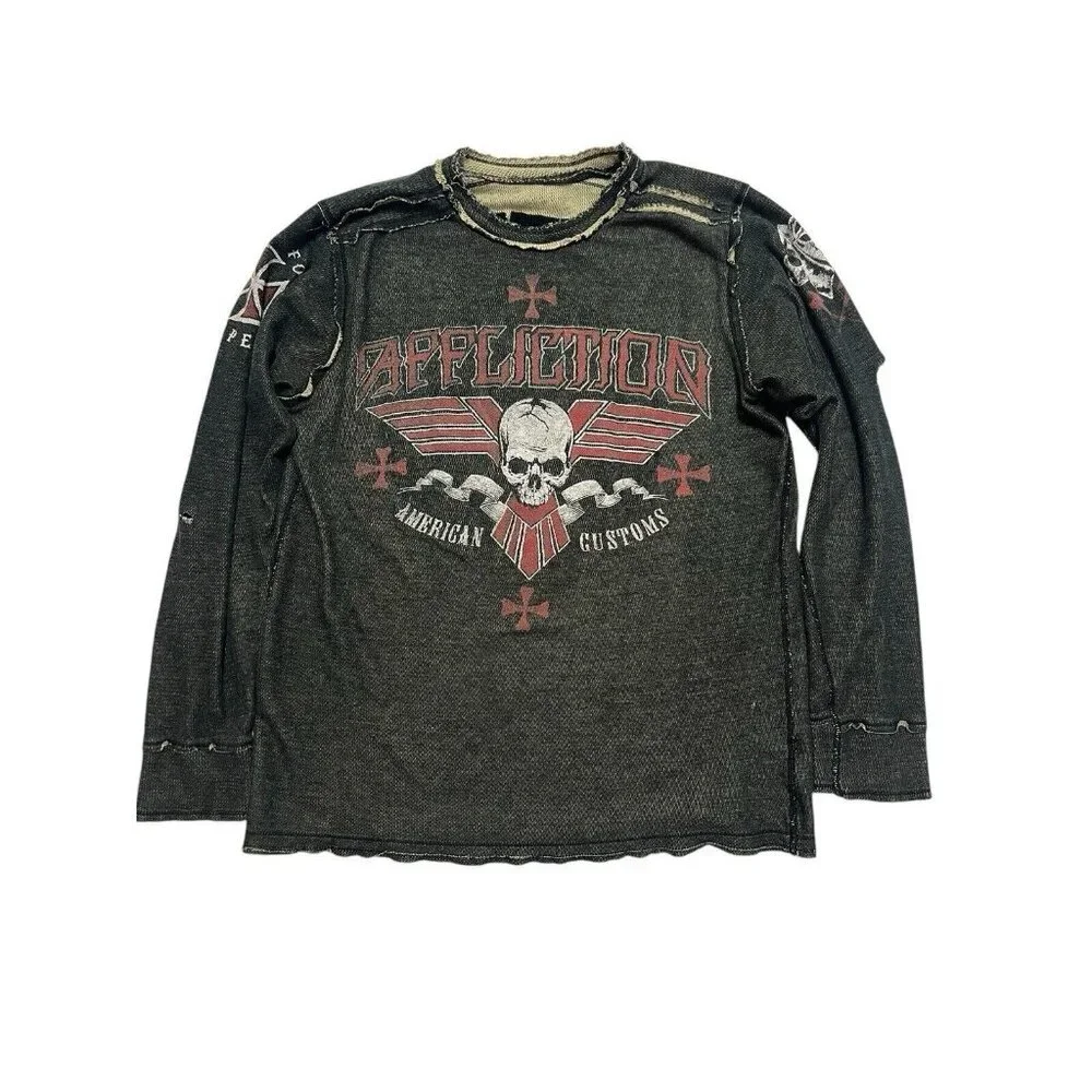 Affliction Reversible Thermal Long Sleeve Shirt Y2K Distress Graphic Mens XL